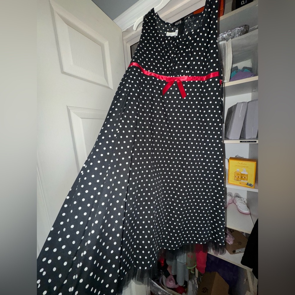 Bonnie Jean Black and White Polka Dot Dress with Red Accent